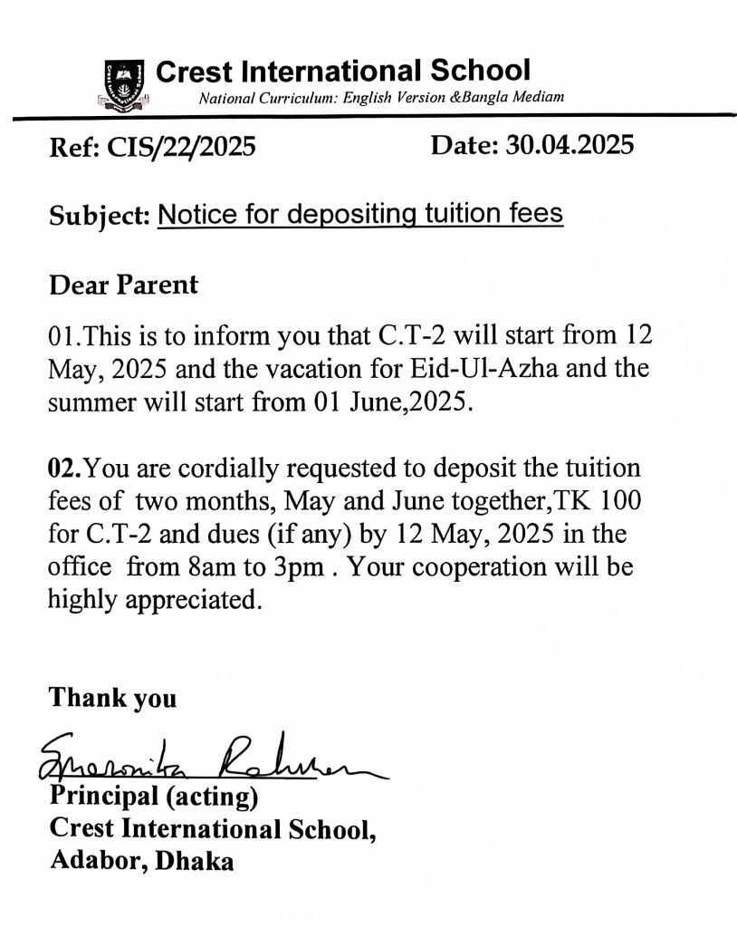 Notice for Depositing Tuition Fees